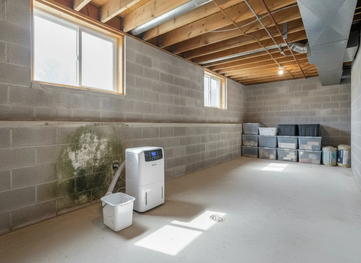 Damp basement block wall with a dehumidifier running