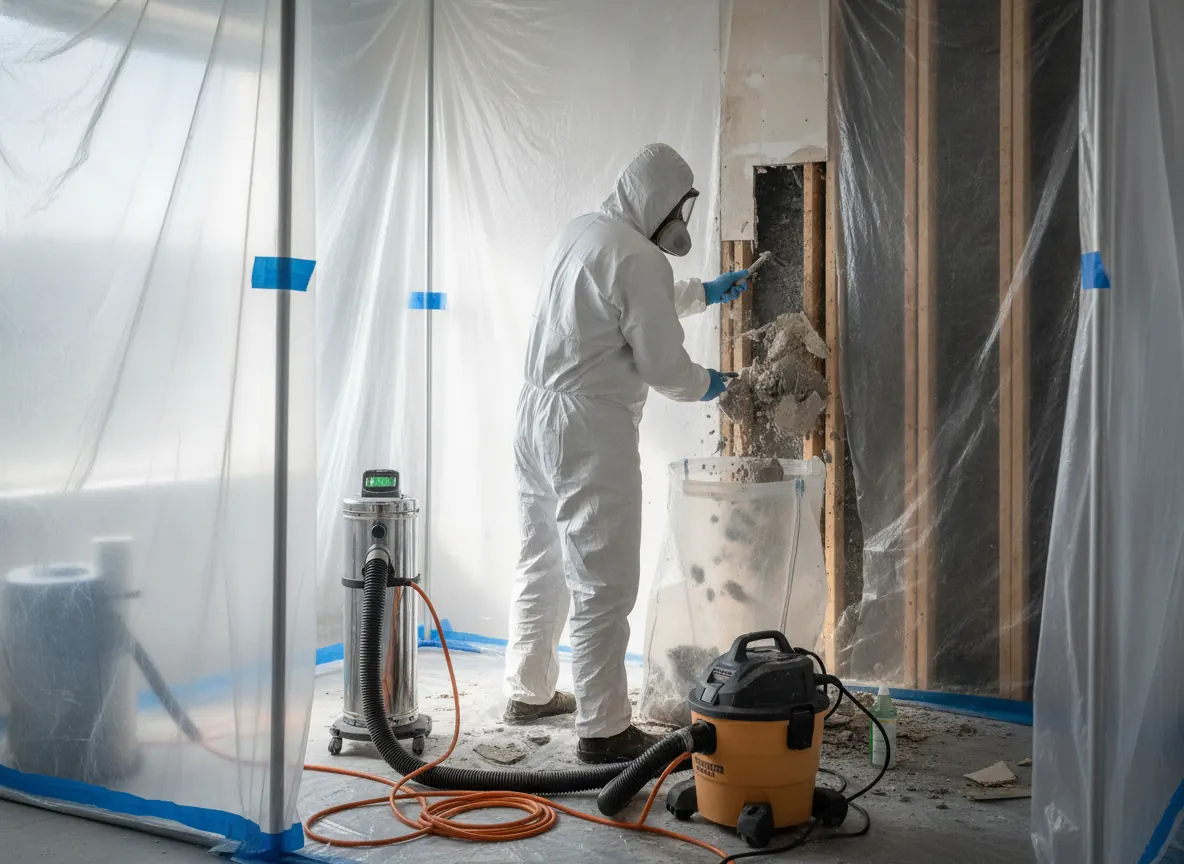 Technician in coveralls removing water-damaged drywall inside containment